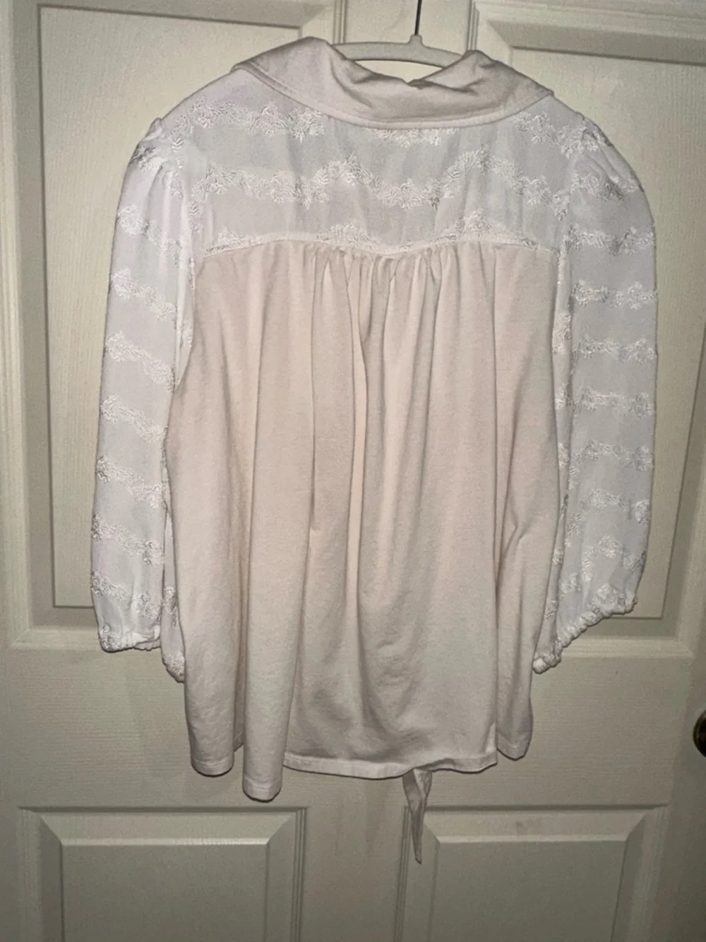 Anthropologie Cream Button-Front Blouse Lace Sleeves L mixed media cottagecore